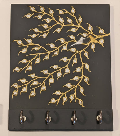 Handcrafted Gold & Silver Tree Of Life key Hanger with 4 Hooks - Black & Gold