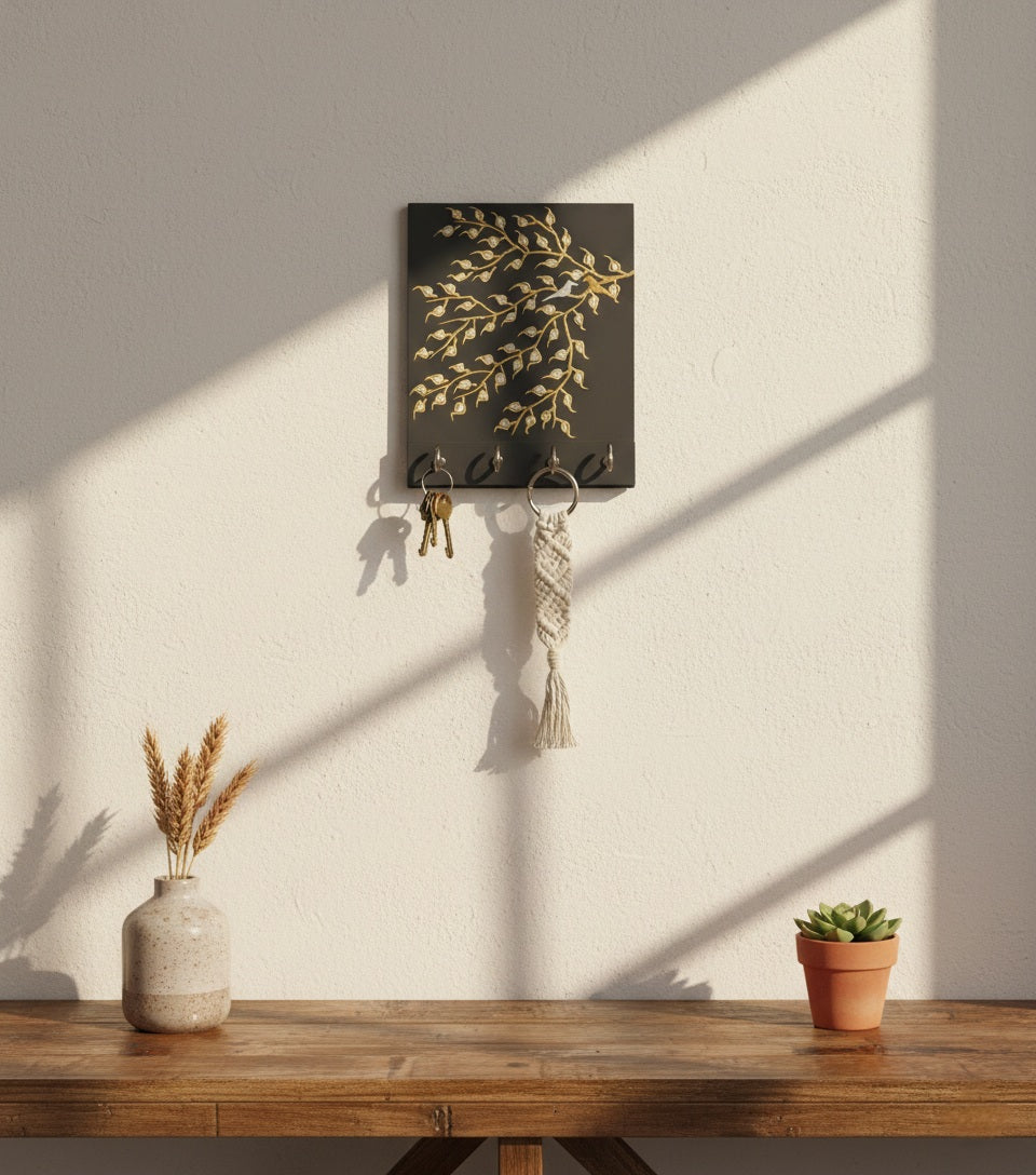 Handcrafted Gold & Silver Tree Of Life key Hanger with 4 Hooks - Black & Gold