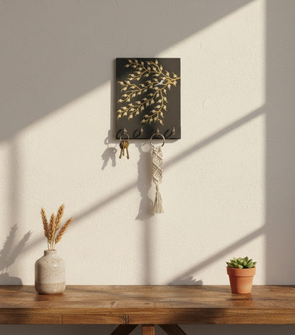 Handcrafted Gold & Silver Tree Of Life key Hanger with 4 Hooks - Black & Gold