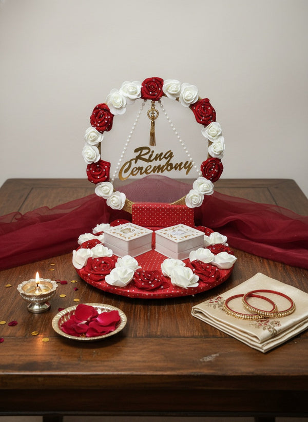 Floral Ring Ceremony Display – Red & White Rose Engagement Tray with Gold "Ring Ceremony" Calligraphy