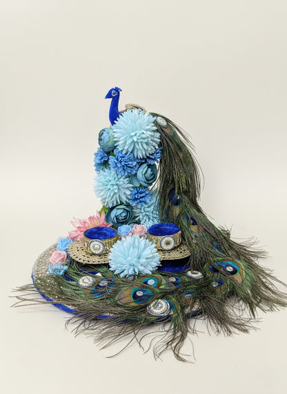 Royal Peacock Theme Engagement Ring Platter with Blue Silk Flowers and Real Peacock Feathers