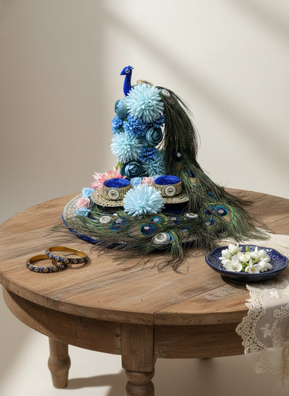 Royal Peacock Theme Engagement Ring Platter with Blue Silk Flowers and Real Peacock Feathers
