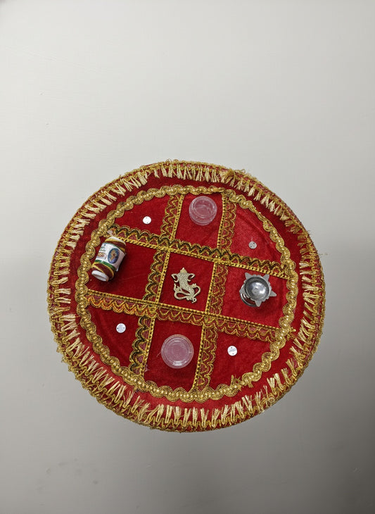 Decorative Aarti Thali - Red & Gold Embroidery with Ganesha Idol