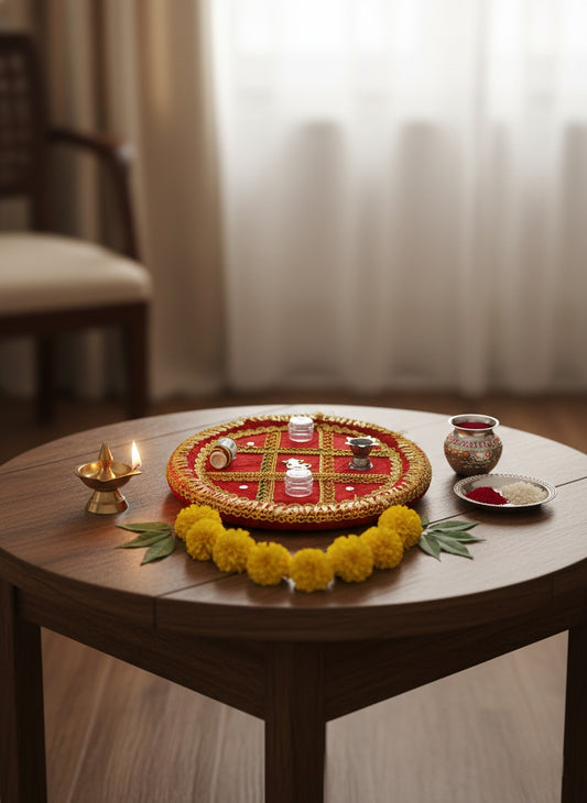 Decorative Aarti Thali - Red & Gold Embroidery with Ganesha Idol