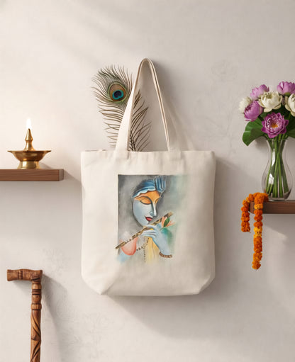 Hand-Painted Lord Krishna Canvas Tote Bag – Artistic Ethnic Shoulder Bag