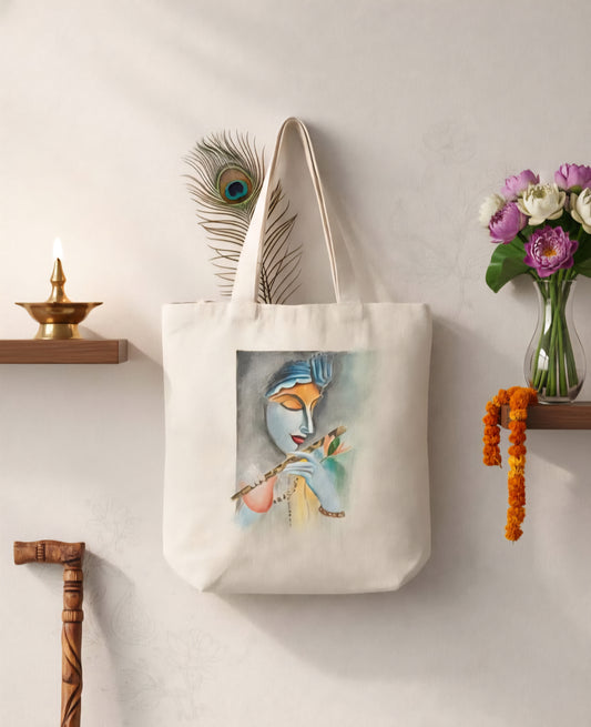 Hand-Painted Lord Krishna Canvas Tote Bag – Artistic Ethnic Shoulder Bag