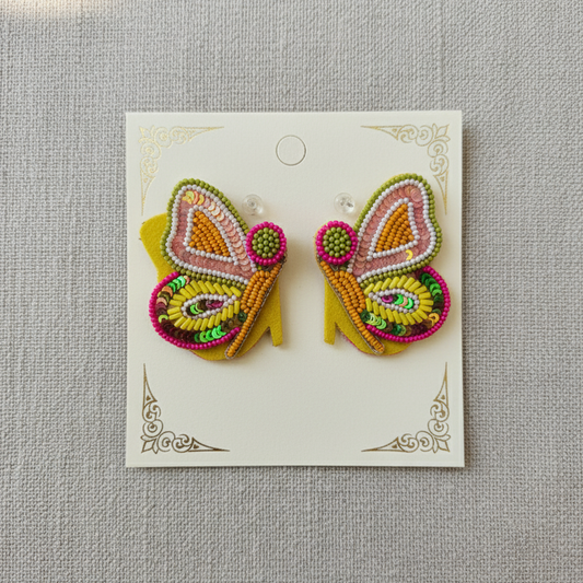 Vibrant Hand-Beaded Butterfly Stud Earrings