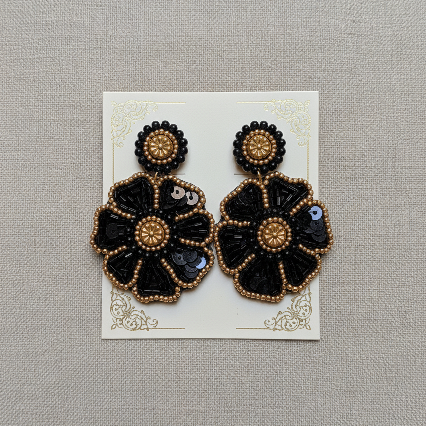 Handmade Black and Gold Beaded Floral Drop Earrings