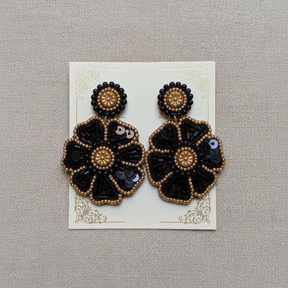 Handmade Black and Gold Beaded Floral Drop Earrings