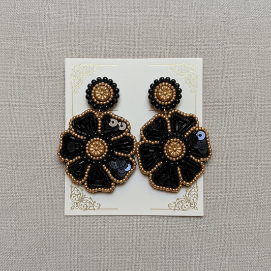 Handmade Black and Gold Beaded Floral Drop Earrings