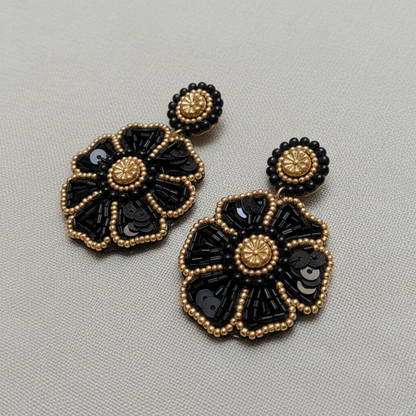 Handmade Black and Gold Beaded Floral Drop Earrings