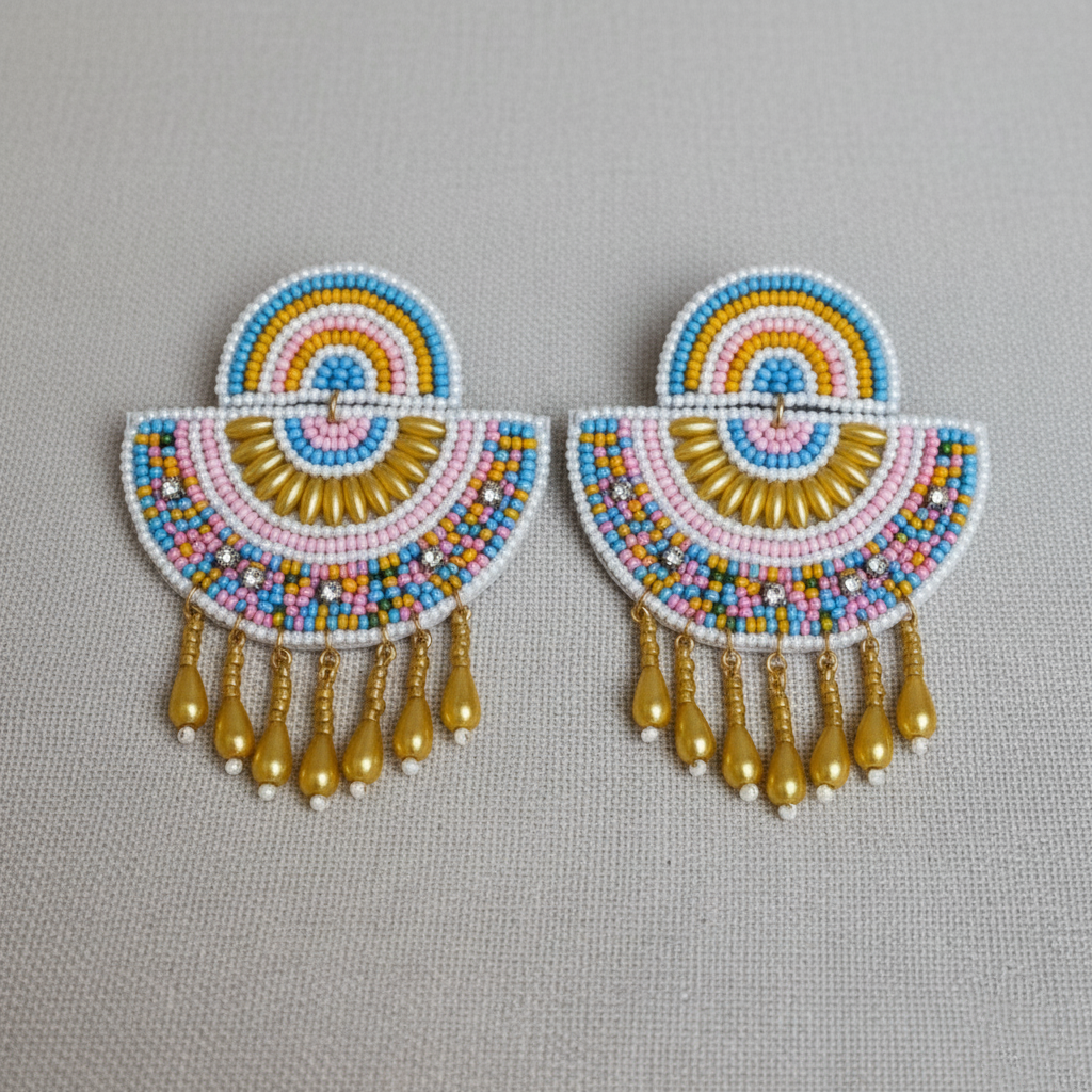 હાથથી બનાવેલા મણકાવાળા ચાંદબાલી સ્ટાઇલના કાનની બુટ્ટીઓ