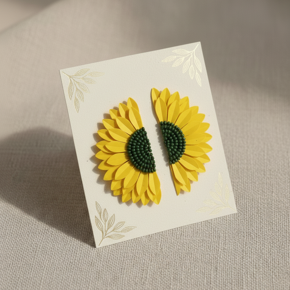 Handmade Half-Sunflower Beaded Statement Earrings - Yellow & Green Floral Studs