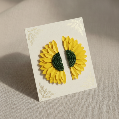 Handmade Half-Sunflower Beaded Statement Earrings - Yellow & Green Floral Studs