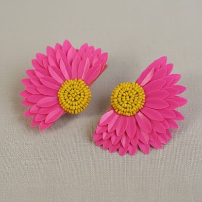 Handmade Pink Floral Stud Earrings with Yellow Seed Bead Centers – Half-Bloom Design