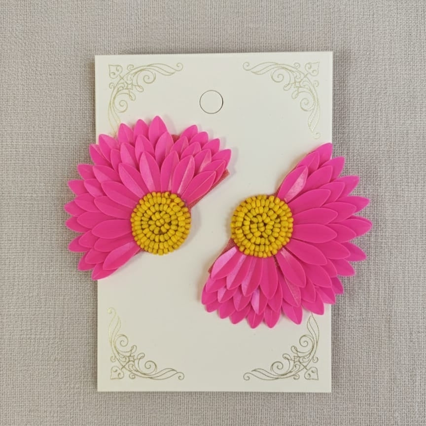 Handmade Pink Floral Stud Earrings with Yellow Seed Bead Centers – Half-Bloom Design