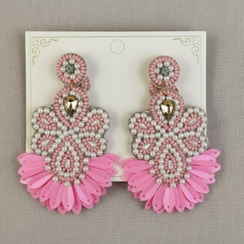 Handmade Pink Floral Beaded Statement Earrings with Pearls and Sequins