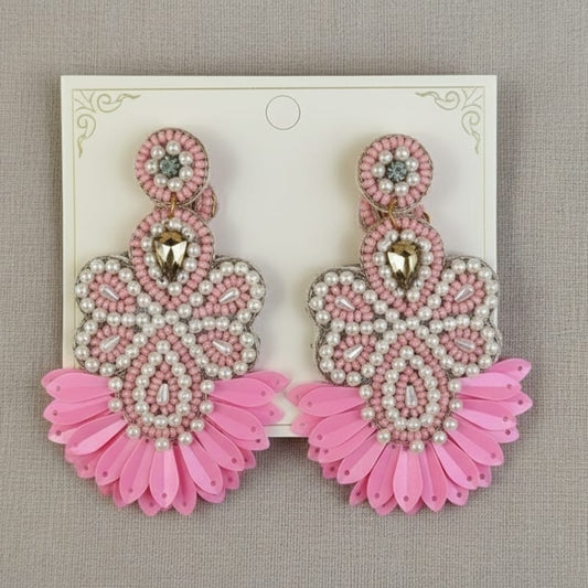 Handmade Pink Floral Beaded Statement Earrings with Pearls and Sequins