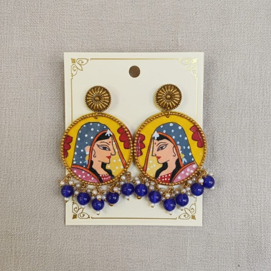 Traditional Rajasthani Handmade Earrings with Blue Beads and Pearl Ghungroo