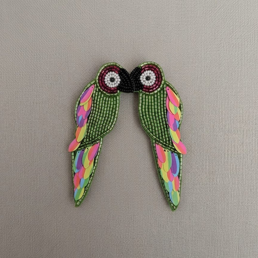 Vibrant Green Beaded Parrot Earrings with Multi-Color Sequin Wings