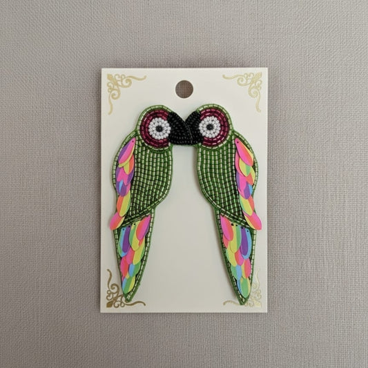 Vibrant Green Beaded Parrot Earrings with Multi-Color Sequin Wings