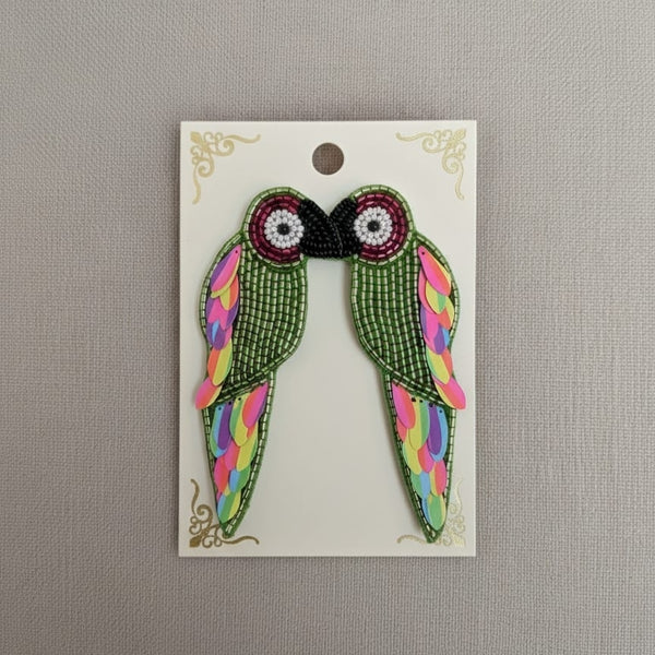 Vibrant Green Beaded Parrot Earrings with Multi-Color Sequin Wings