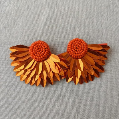 Handcrafted Orange Seed Bead and Metallic Leaf Sequin Statement Earrings