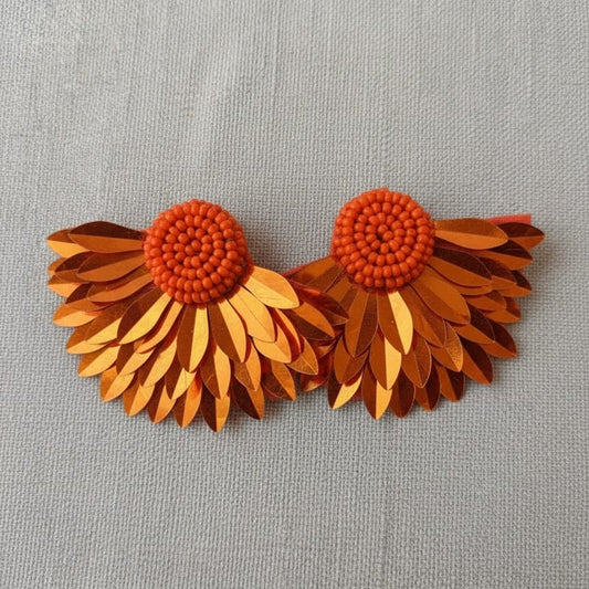 Handcrafted Orange Seed Bead and Metallic Leaf Sequin Statement Earrings