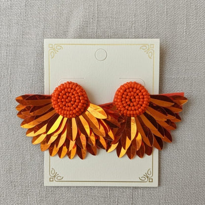 Handcrafted Orange Seed Bead and Metallic Leaf Sequin Statement Earrings