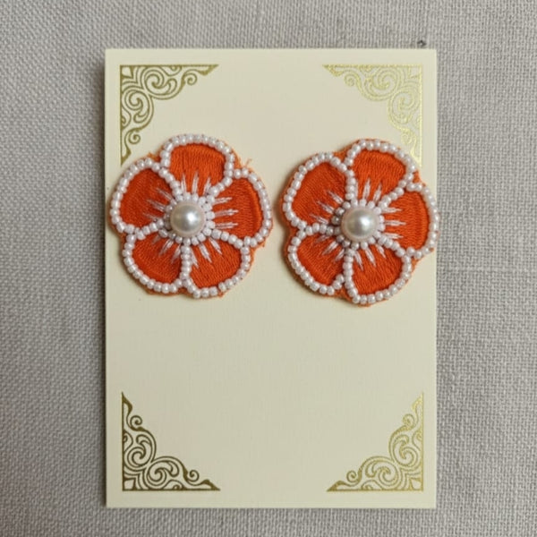Fabric Flower Earrings with Pearl Center and Beadwork Detailing