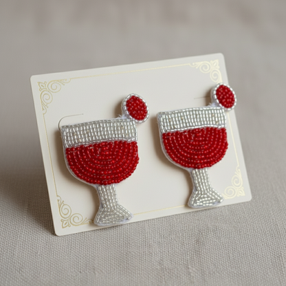 Red and White Hand-Beaded Cocktail Glass Stud Earrings