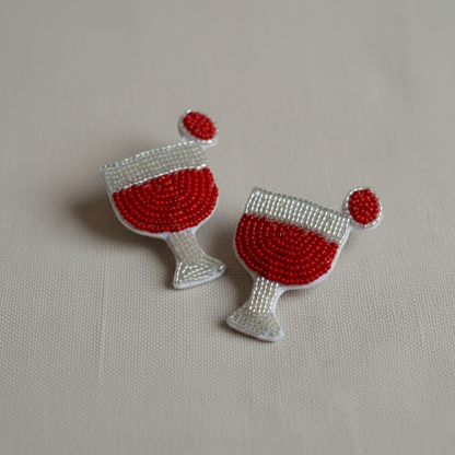 Red and White Hand-Beaded Cocktail Glass Stud Earrings