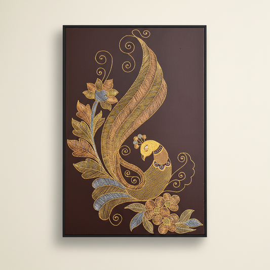 Royal Golden Peacock Statement Art Piece – Intricate Metallic Thread Wall Decor