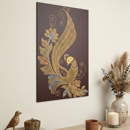 Royal Golden Peacock Statement Art Piece – Intricate Metallic Thread Wall Decor