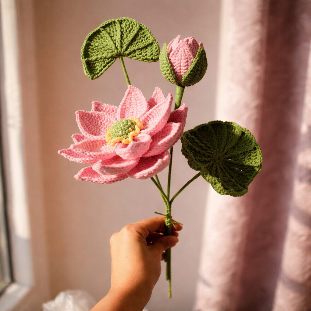 Hand-Crocheted Everlasting Pink Lotus Bouquet with Lily Pads