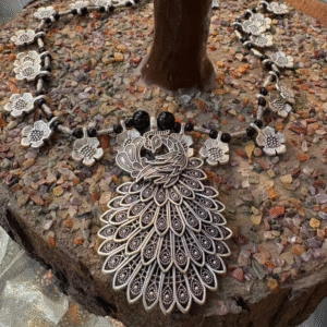 Oxidized Silver Peacock Necklace with Floral Beads – Traditional Boho Statement Jewelry for Women”