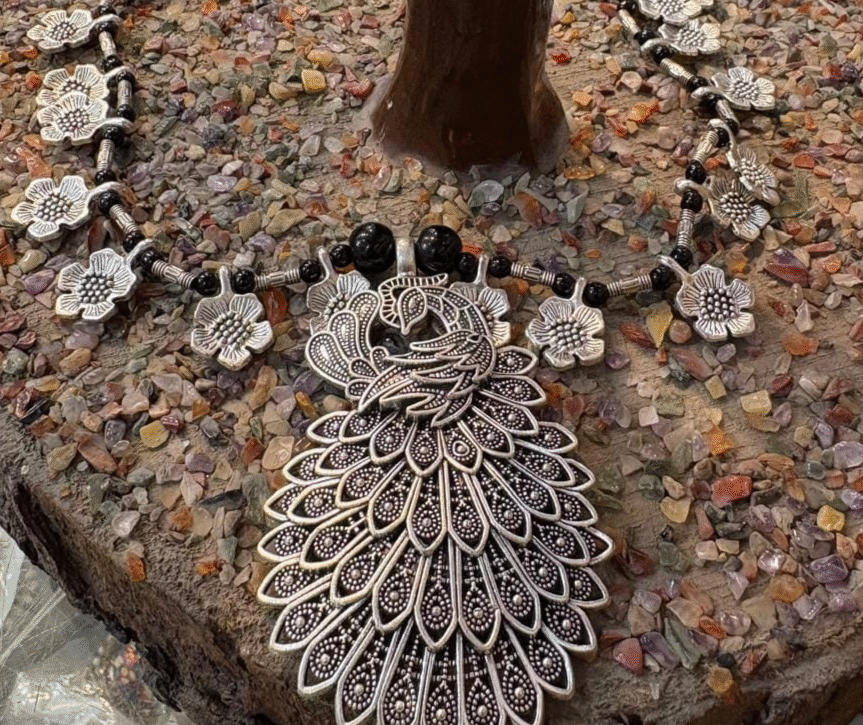 Oxidized Silver Peacock Necklace with Floral Beads – Traditional Boho Statement Jewelry for Women”