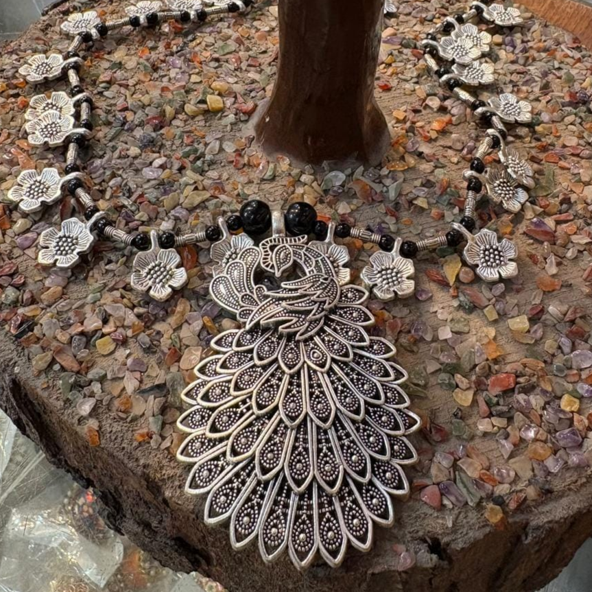 Oxidized Silver Peacock Necklace with Floral Beads – Traditional Boho Statement Jewelry for Women”