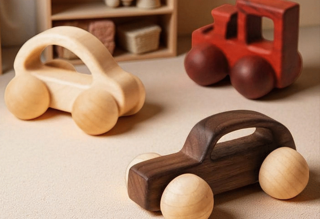 Mini Colorful Wooden Car Toy – Walnut Wood Montessori Early Learning Toy for Toddlers | Baby Push Car, Educational Blocks, Infant Gift